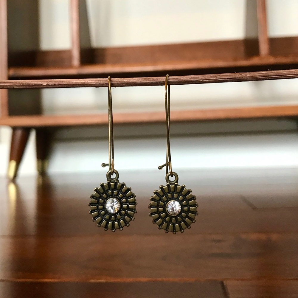 Bronze Gold Fan 🕸 Diamond Drop Wheel Earrings